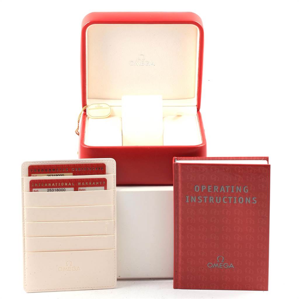 This image shows an Omega Seamaster 2531.80.00 Men
s Stainless Steel Blue Dial 2531.80.00 Men
s Stainless Steel Blue Dial watch box, an operating instructions manual, and warranty cards.