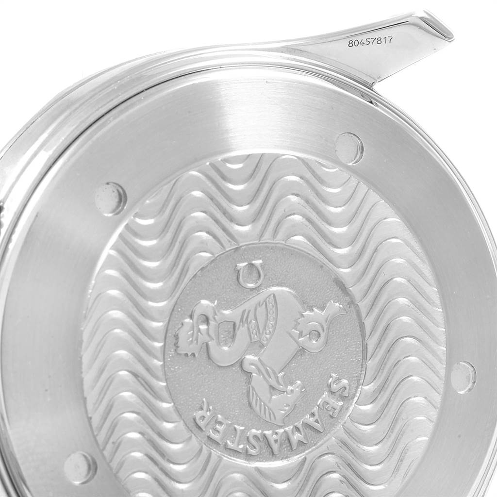 The image shows the back case of an Omega Seamaster 2531.80.00 Men
s Stainless Steel Blue Dial 2531.80.00 Men
s Stainless Steel Blue Dial watch viewed from an angle highlighting its engravings and texture.