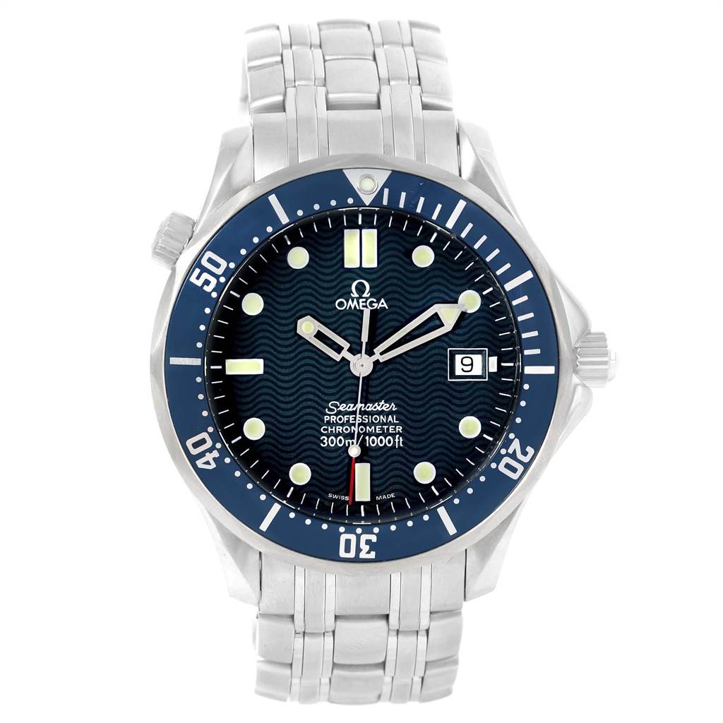 The Omega Seamaster 2531.80.00 Men
s Stainless Steel Blue Dial 2531.80.00 Men
s Stainless Steel Blue Dial watch is shown from a front angle, highlighting its face, bezel, and bracelet.