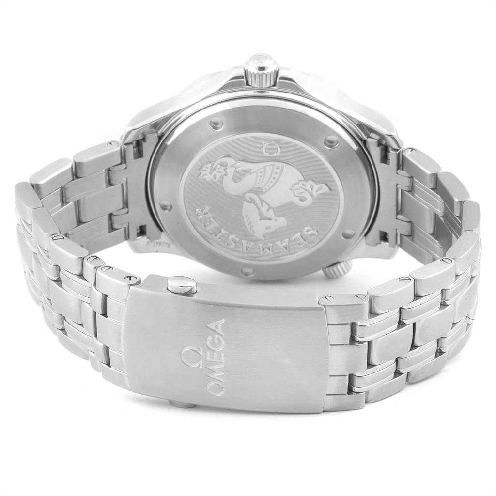 The image shows the backside and clasp of an Omega Seamaster 212.30.41.20.01.003 Men
s Stainless Steel Black Dial 212.30.41.20.01.003 Men
s Stainless Steel Black Dial watch, highlighting its stainless steel bracelet and engraved case back.