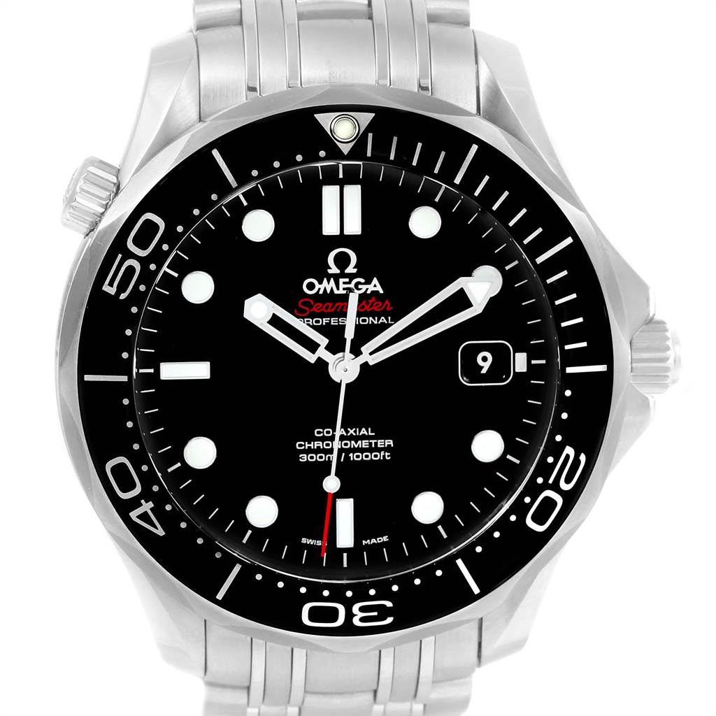 This image shows a front view of the Omega Seamaster 212.30.41.20.01.003 Men
s Stainless Steel Black Dial 212.30.41.20.01.003 Men
s Stainless Steel Black Dial watch, featuring its dial, bezel, and stainless steel bracelet.