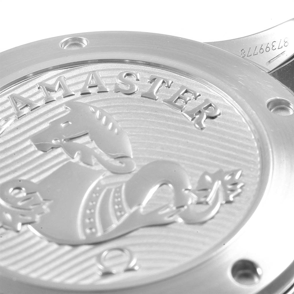 Close-up of the case back of an Omega Seamaster 212.30.41.20.01.003 Men
s Stainless Steel Black Dial 212.30.41.20.01.003 Men
s Stainless Steel Black Dial watch, showing the engraved logo and serial number.