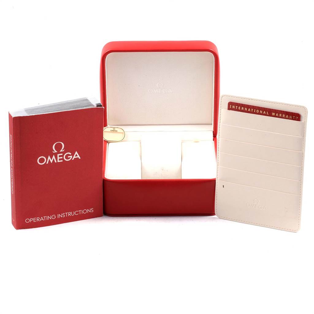 The image shows an Omega Seamaster 212.30.41.20.01.003 Men
s Stainless Steel Black Dial 212.30.41.20.01.003 Men
s Stainless Steel Black Dial box, operating instructions booklet, and an international warranty card holder.