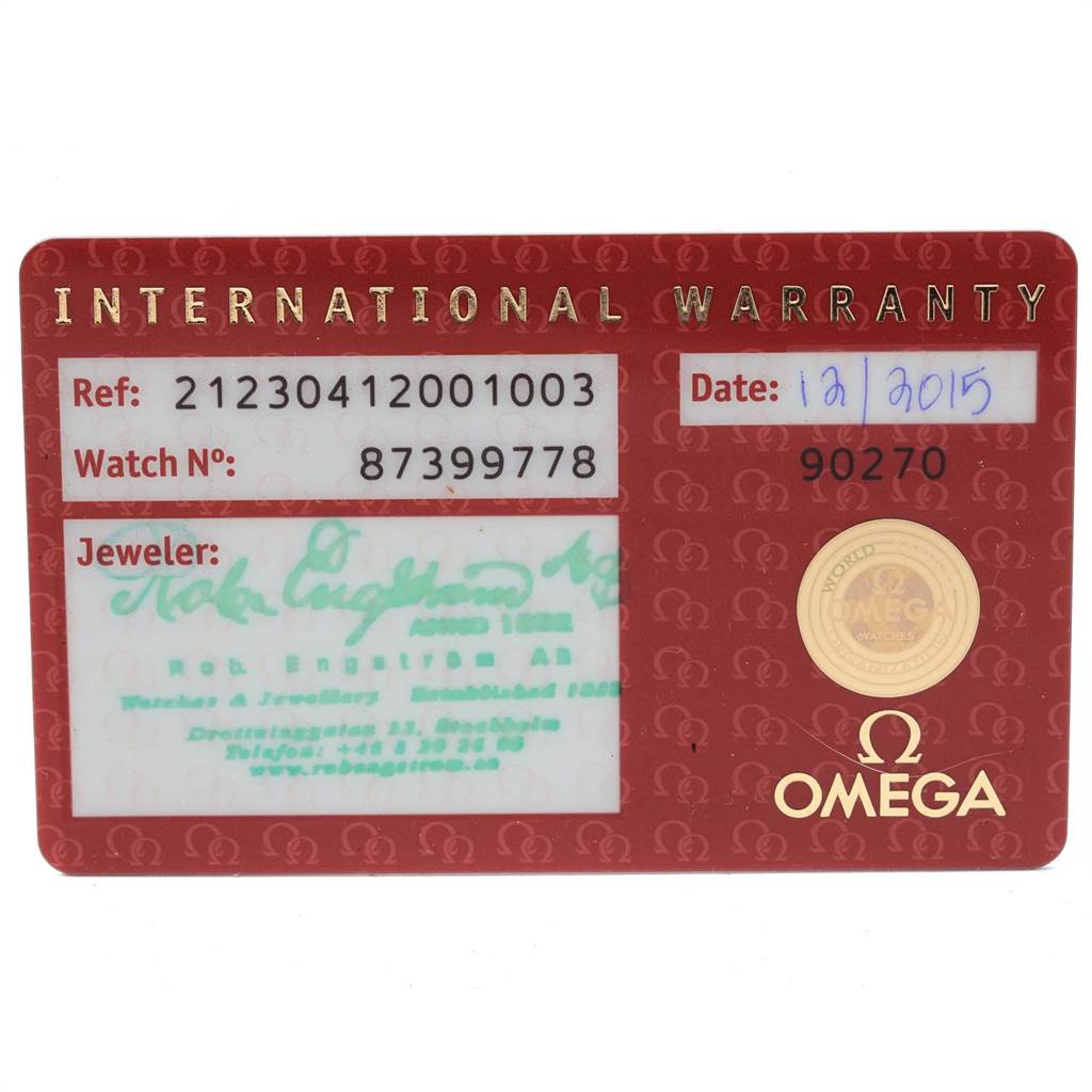 This image shows the international warranty card for the Omega Seamaster 212.30.41.20.01.003 Men
s Stainless Steel Black Dial 212.30.41.20.01.003 Men
s Stainless Steel Black Dial watch model.