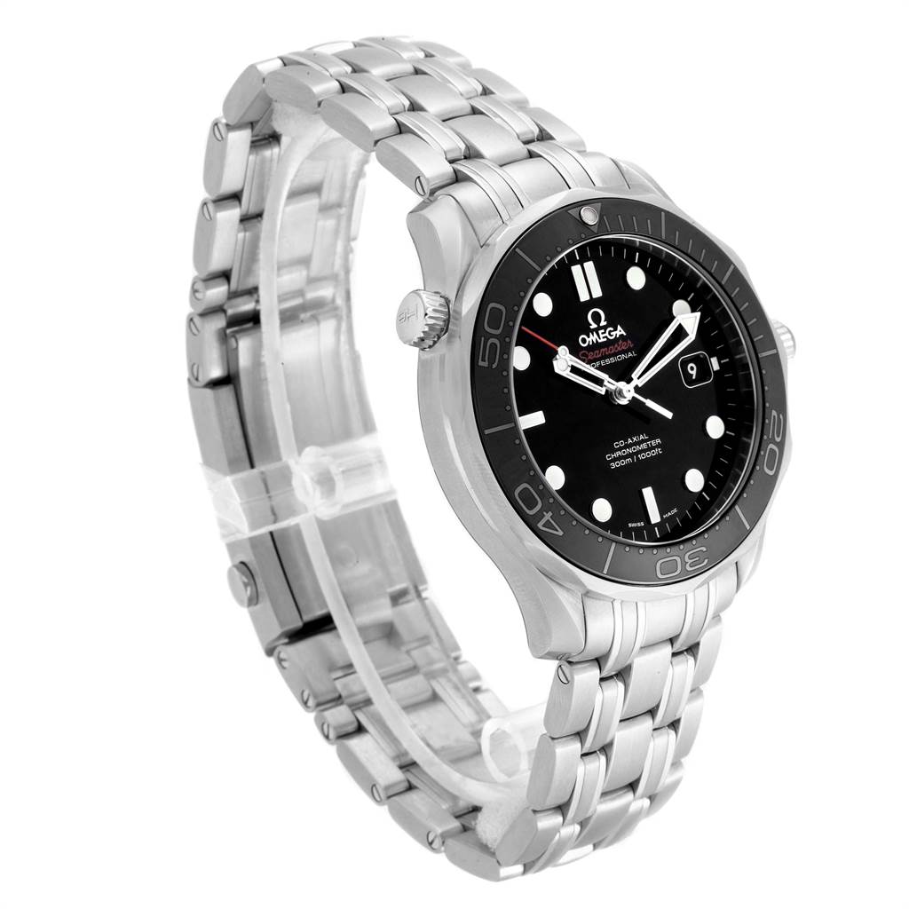 The Omega Seamaster 212.30.41.20.01.003 Men
s Stainless Steel Black Dial 212.30.41.20.01.003 Men
s Stainless Steel Black Dial watch is shown at a 10 o
clock angle, showcasing its bezel, dial, and stainless steel bracelet.