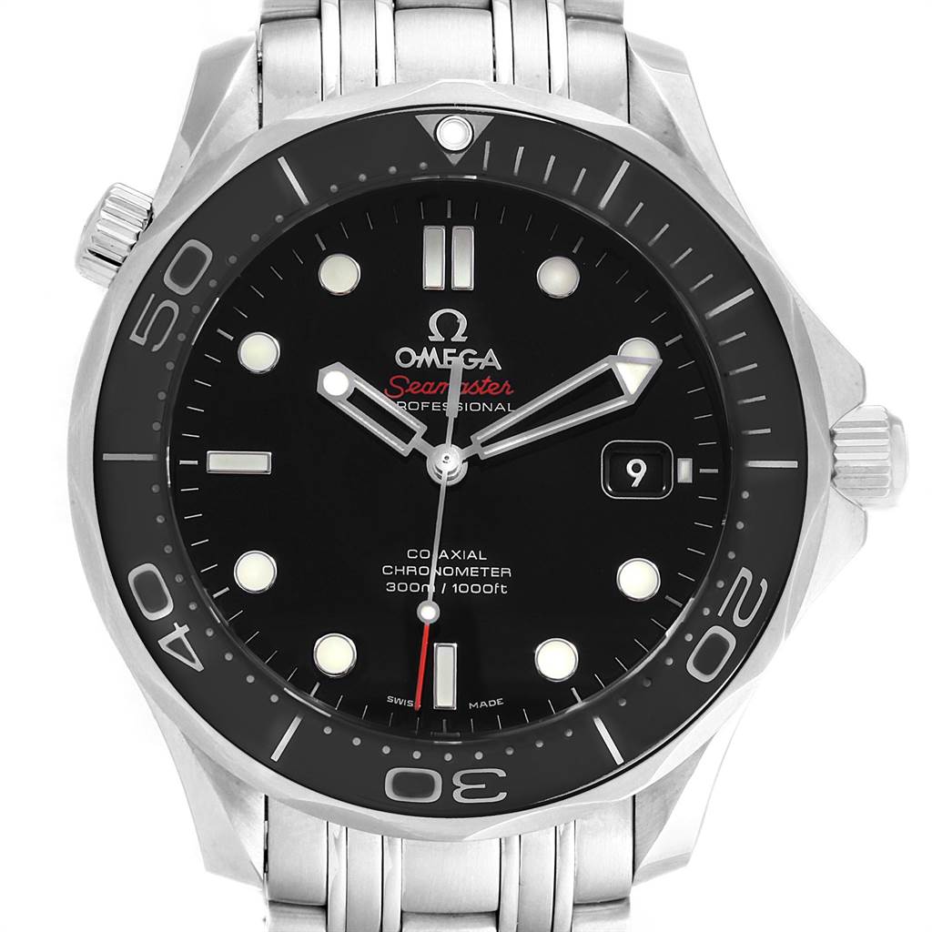 This image shows a front view of an Omega Seamaster 212.30.41.20.01.003 Men
s Stainless Steel Black Dial 212.30.41.20.01.003 Men
s Stainless Steel Black Dial watch, highlighting the bezel, dial, hands, and bracelet.