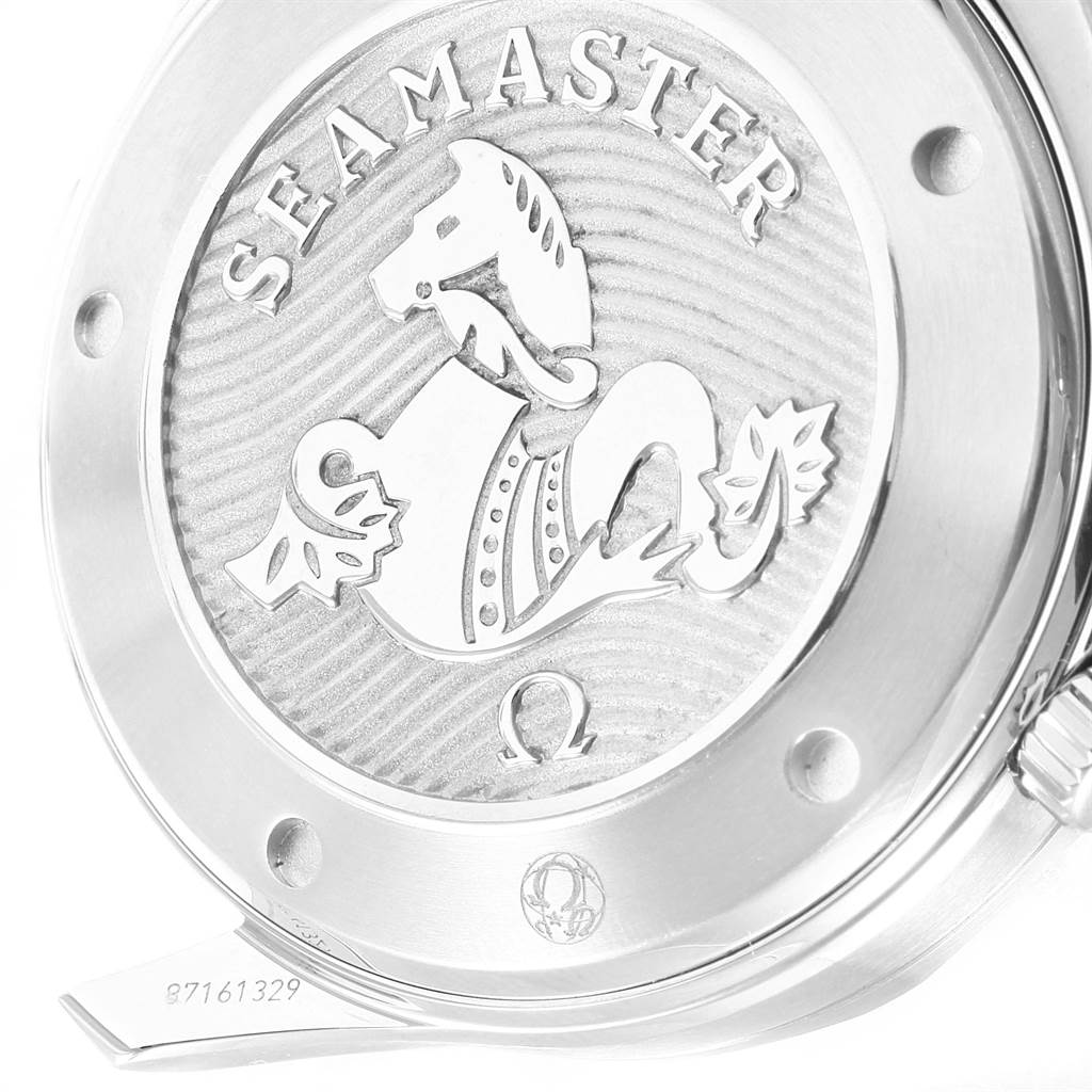 This image shows the case back of an Omega Seamaster 212.30.41.20.01.003 Men
s Stainless Steel Black Dial 212.30.41.20.01.003 Men
s Stainless Steel Black Dial watch, featuring the engraved Seamaster logo and serial number.