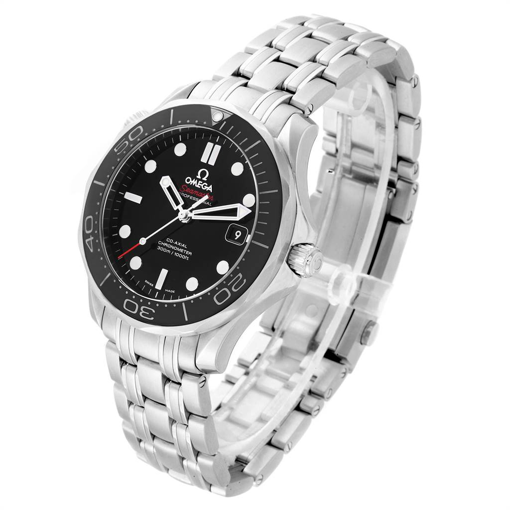 This image shows an angled side view of the Omega Seamaster 212.30.41.20.01.003 Men
s Stainless Steel Black Dial 212.30.41.20.01.003 Men
s Stainless Steel Black Dial, highlighting its face, bezel, crown, and metal bracelet.