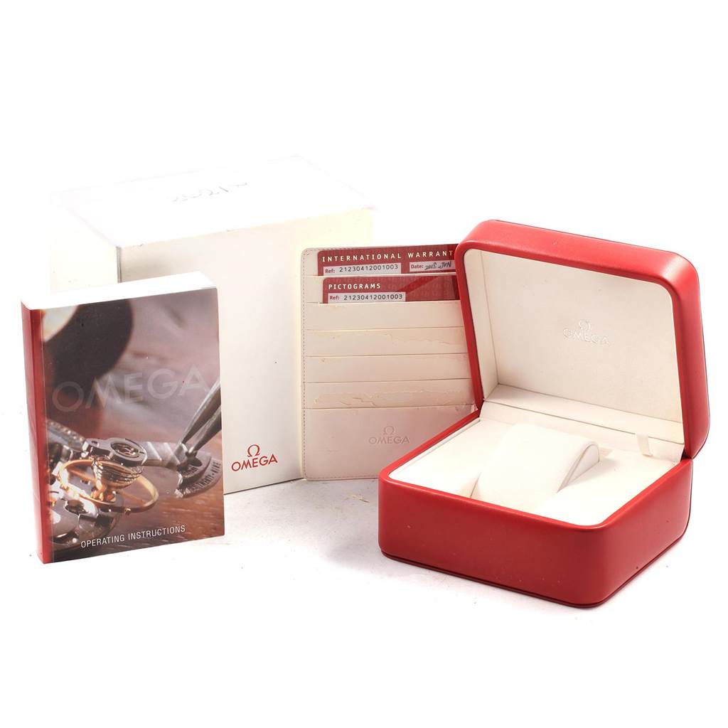 The image shows an Omega Seamaster 212.30.41.20.01.003 Men
s Stainless Steel Black Dial 212.30.41.20.01.003 Men
s Stainless Steel Black Dial watch box, international warranty card, operating instructions, and outer box at an angle.