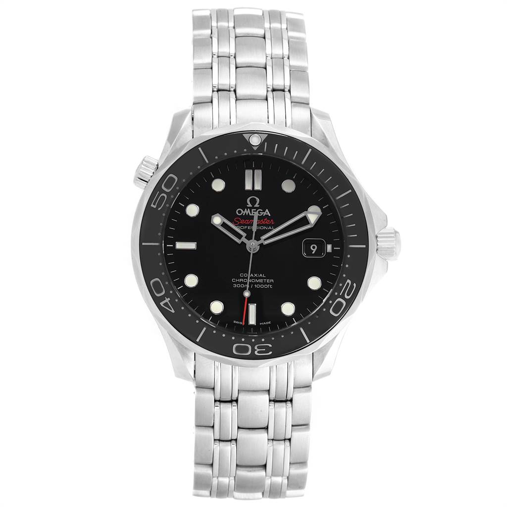 The Omega Seamaster 212.30.41.20.01.003 Men
s Stainless Steel Black Dial 212.30.41.20.01.003 Men
s Stainless Steel Black Dial watch is shown from a front angle, highlighting its dial, bezel, and stainless steel bracelet.