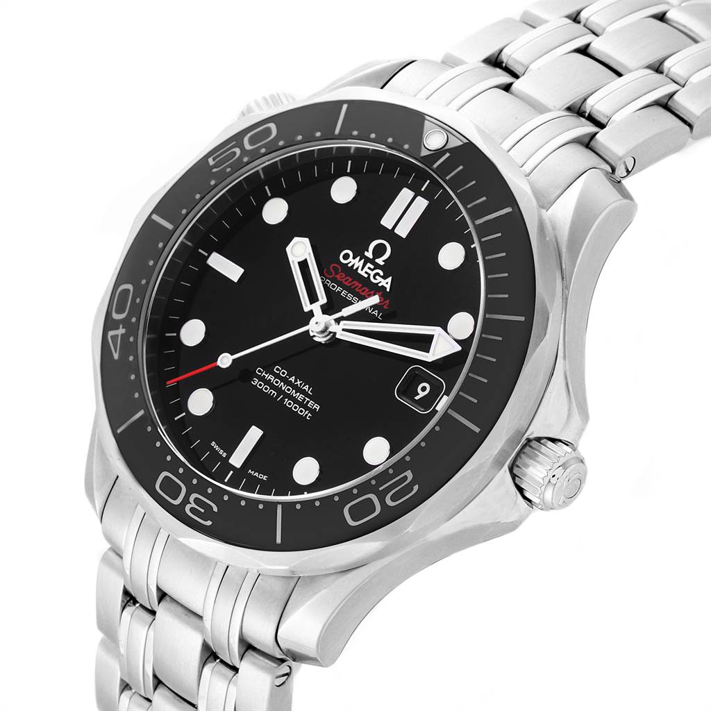 The image shows a close-up angle of the Omega Seamaster 212.30.41.20.01.003 Men
s Stainless Steel Black Dial 212.30.41.20.01.003 Men
s Stainless Steel Black Dial watch, highlighting the dial, bezel, crown, and bracelet.