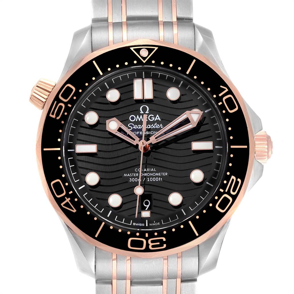 This Omega Seamaster 210.20.42.20.01.001 Men's Steel and Gold (two tone) Black Dial 210.20.42.20.01.001 Men's Steel and Gold (two tone) Black Dial watch is shown from a head-on angle, displaying the bezel, dial, hands, indices, and part of the stainless steel bracelet.