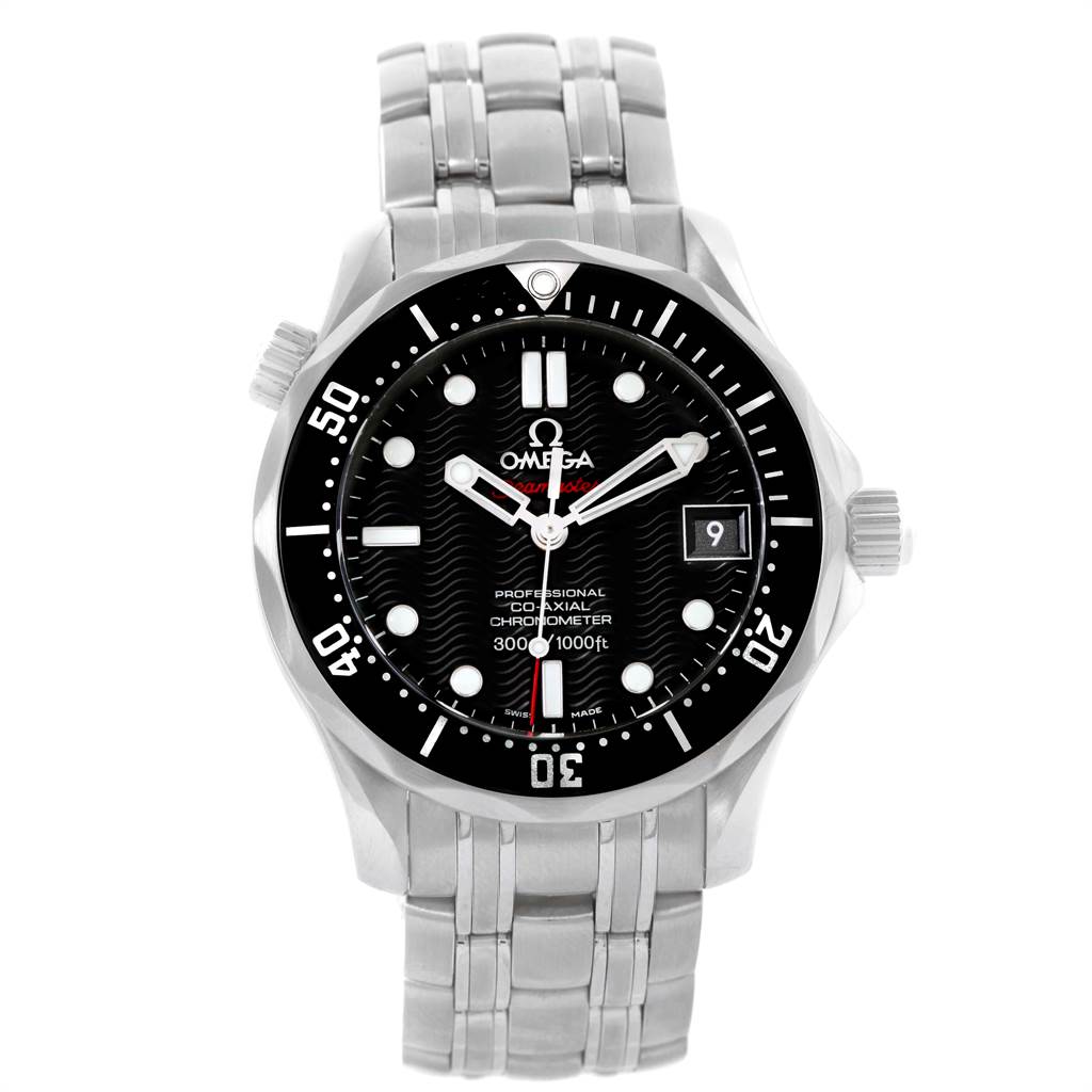 The image displays a frontal view of the Omega Seamaster 212.30.36.20.01.001 Stainless Steel Black Dial 212.30.36.20.01.001 Stainless Steel Black Dial watch, showing the dial, bezel, hands, bracelet, and crown.