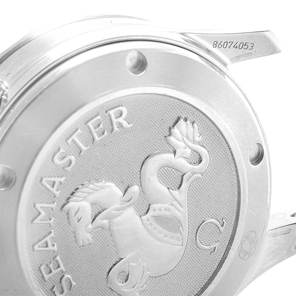 The image shows the case back of an Omega Seamaster 212.30.36.20.01.001 Stainless Steel Black Dial 212.30.36.20.01.001 Stainless Steel Black Dial watch, highlighting its engraved logo and serial number.