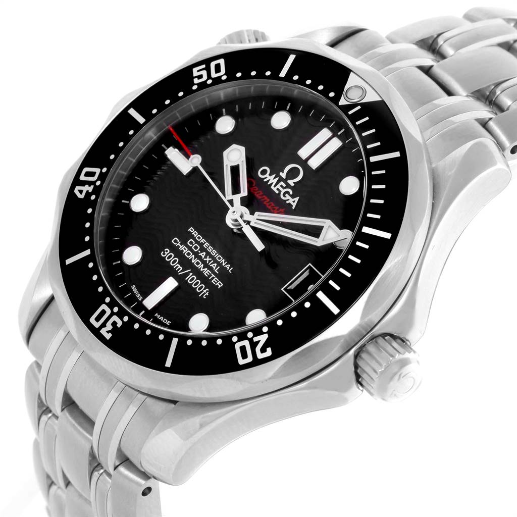 The image shows a close-up of the Omega Seamaster 212.30.36.20.01.001 Stainless Steel Black Dial 212.30.36.20.01.001 Stainless Steel Black Dial watch featuring its dial, bezel, crown, and part of the bracelet.
