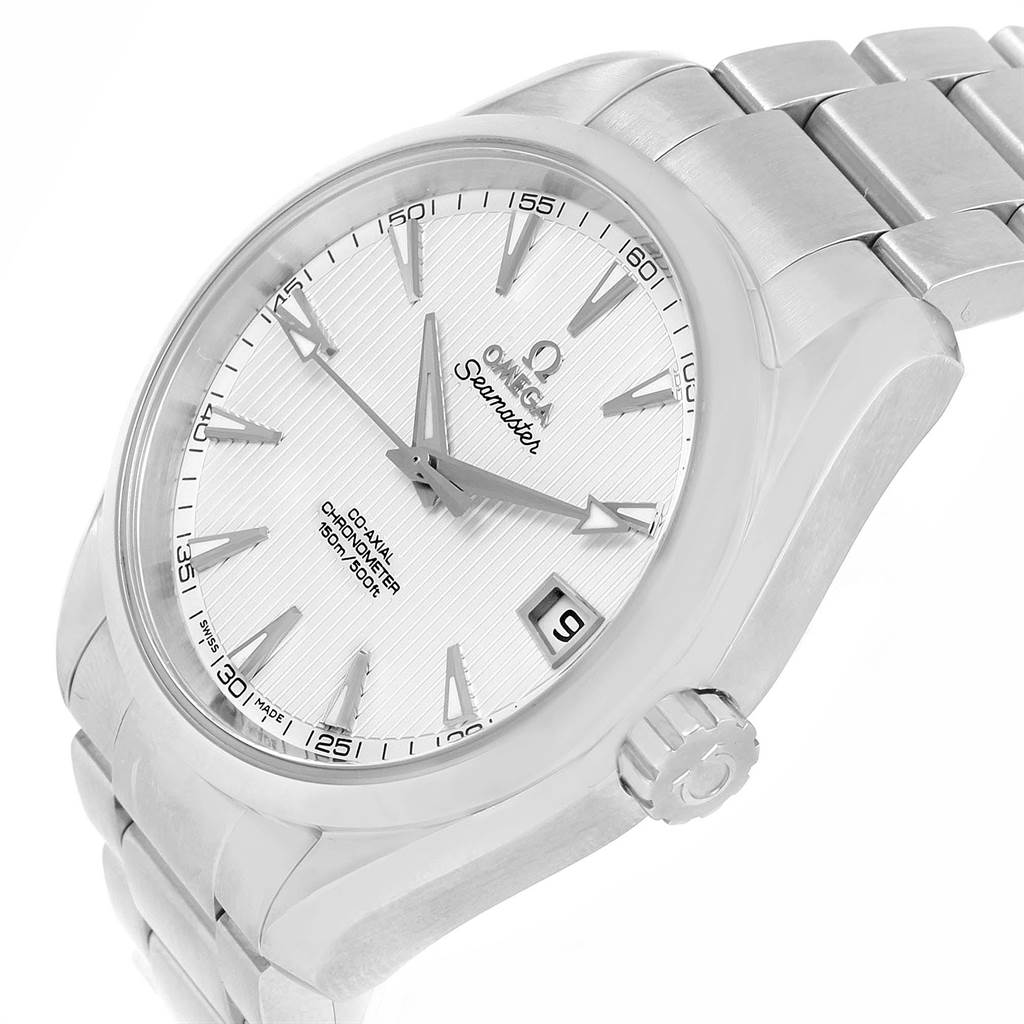 This image shows an angled view of the Omega Seamaster 231.10.39.21.02.001 Men
s Stainless Steel Silver Dial 231.10.39.21.02.001 Men
s Stainless Steel Silver Dial watch, highlighting the dial, hands, crown, date window, and part of the bracelet.