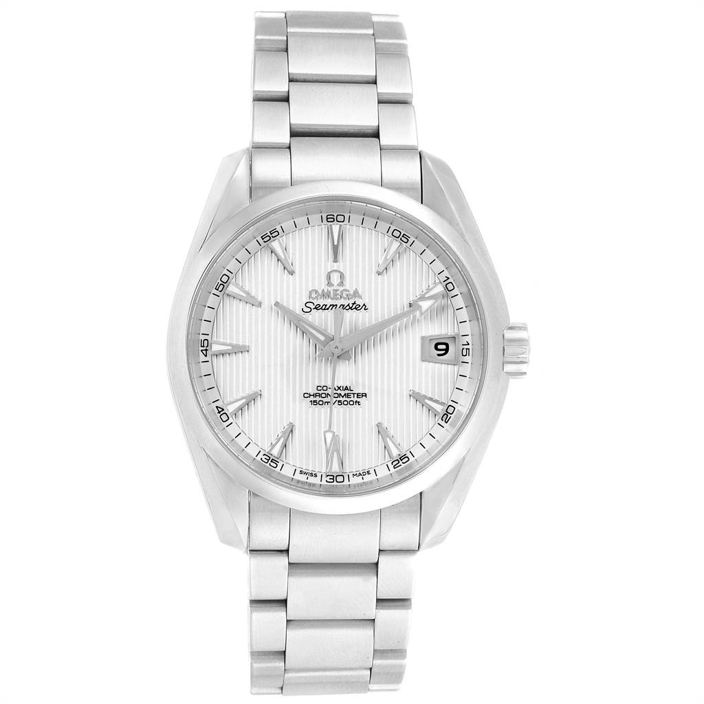 The image shows a head-on view of the Omega Seamaster 231.10.39.21.02.001 Men
s Stainless Steel Silver Dial 231.10.39.21.02.001 Men
s Stainless Steel Silver Dial watch, displaying its dial, hands, bracelet, and crown.