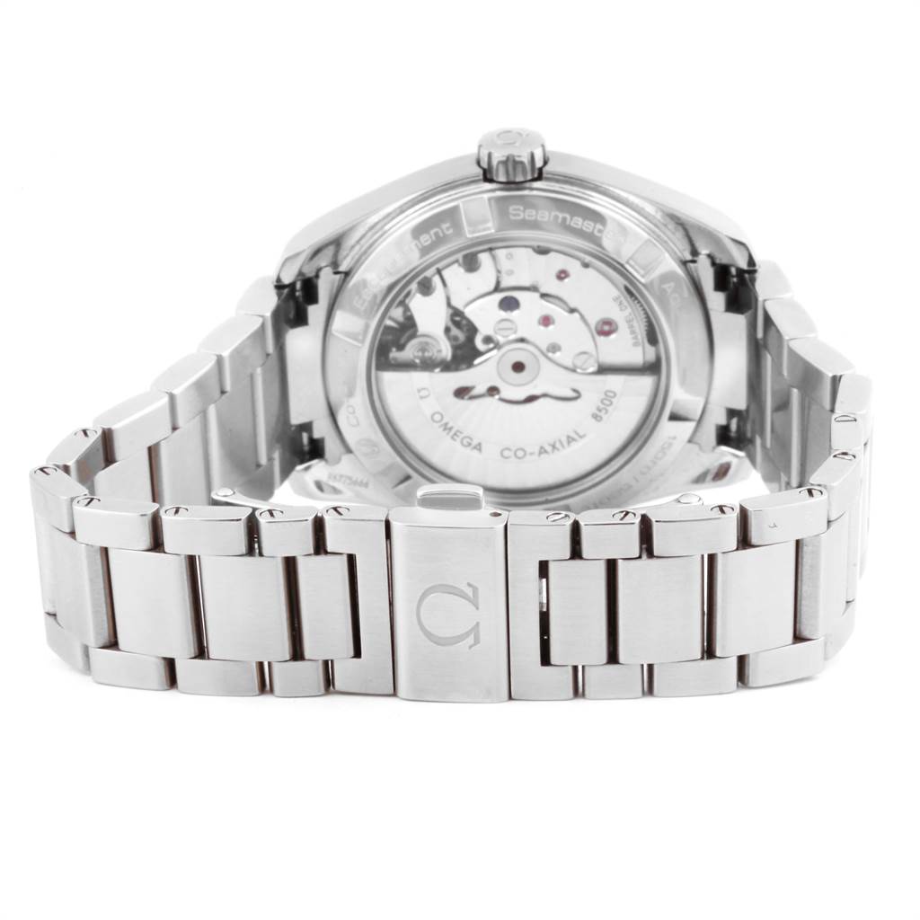 The image shows the back view of an Omega Seamaster 231.10.39.21.02.001 Men
s Stainless Steel Silver Dial 231.10.39.21.02.001 Men
s Stainless Steel Silver Dial watch, highlighting the movement and bracelet.