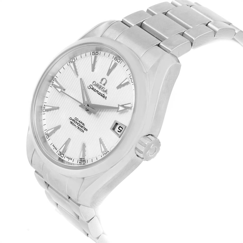 This image shows a side view of an Omega Seamaster 231.10.39.21.02.001 Men
s Stainless Steel Silver Dial 231.10.39.21.02.001 Men
s Stainless Steel Silver Dial watch displaying the face, crown, and part of the bracelet.