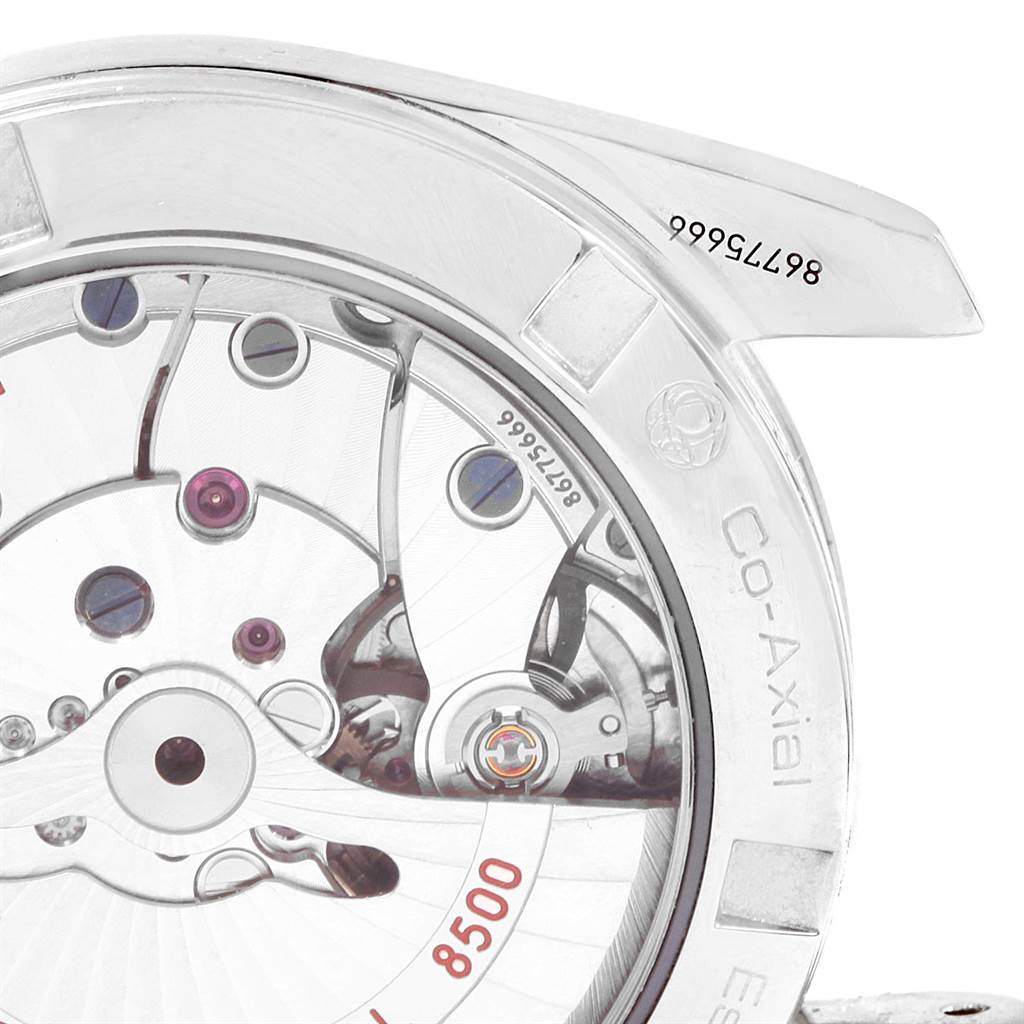 The image shows the back of an Omega Seamaster 231.10.39.21.02.001 Men
s Stainless Steel Silver Dial 231.10.39.21.02.001 Men
s Stainless Steel Silver Dial watch, focusing on the Co-Axial movement and model number.