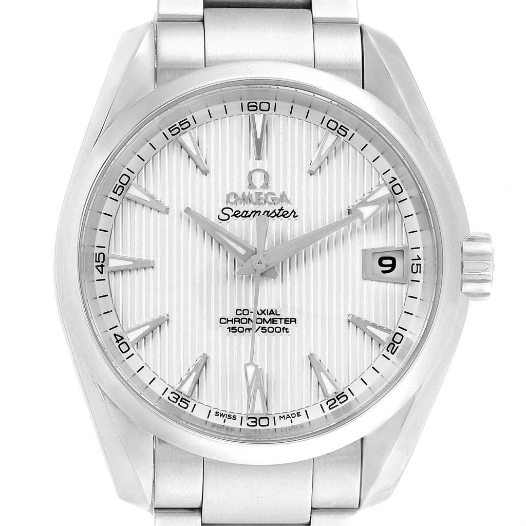 The Omega Seamaster 231.10.39.21.02.001 Men
s Stainless Steel Silver Dial 231.10.39.21.02.001 Men
s Stainless Steel Silver Dial watch is shown from a frontal angle, highlighting the dial, hour markers, date window, and bracelet.