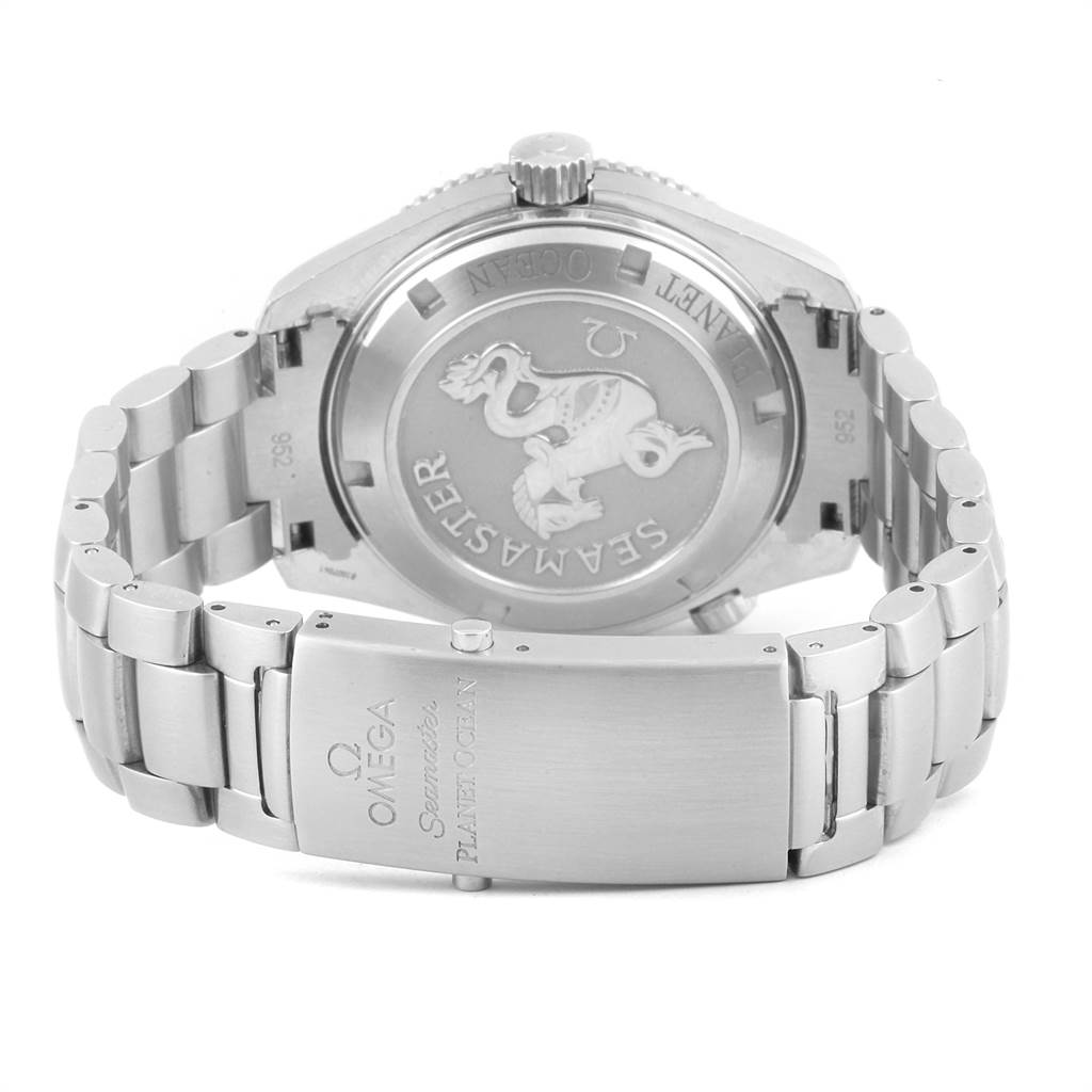 The image shows the back case and metal bracelet of an Omega Seamaster 2209.50.00 Men
s Stainless Steel Black Dial 2209.50.00 Men
s Stainless Steel Black Dial Planet Ocean watch from a rear angle.