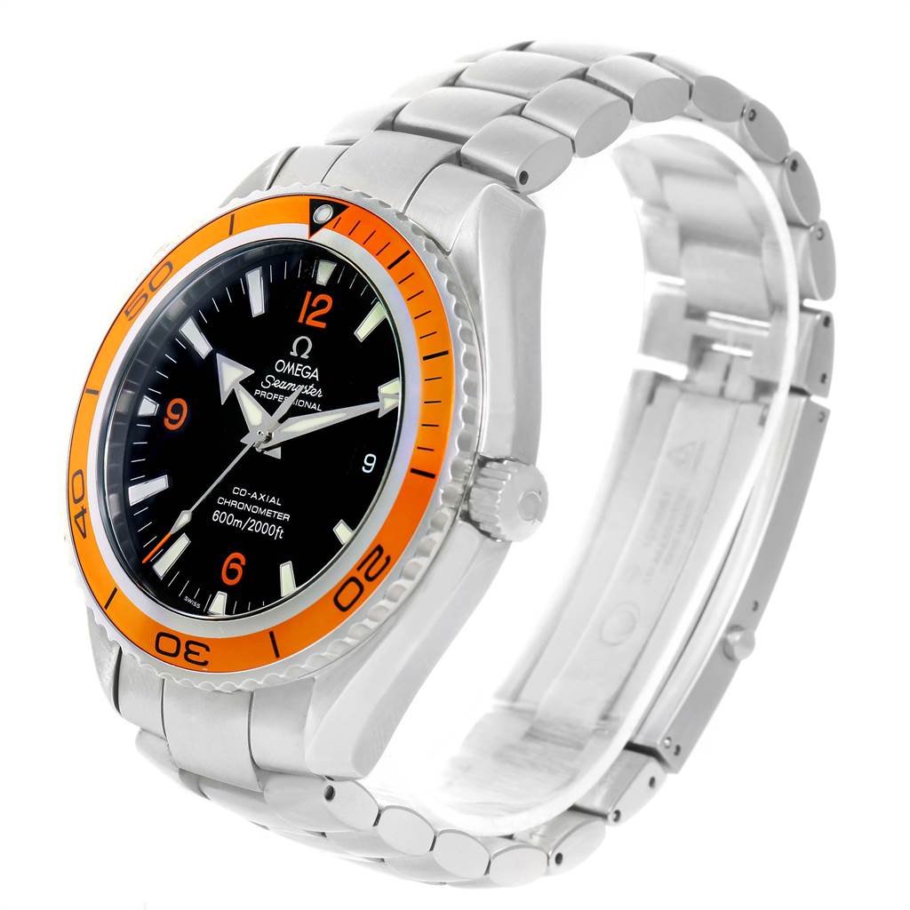 The Omega Seamaster 2209.50.00 Men
s Stainless Steel Black Dial 2209.50.00 Men
s Stainless Steel Black Dial watch is shown at a side angle highlighting the face, bezel, crown, and bracelet.