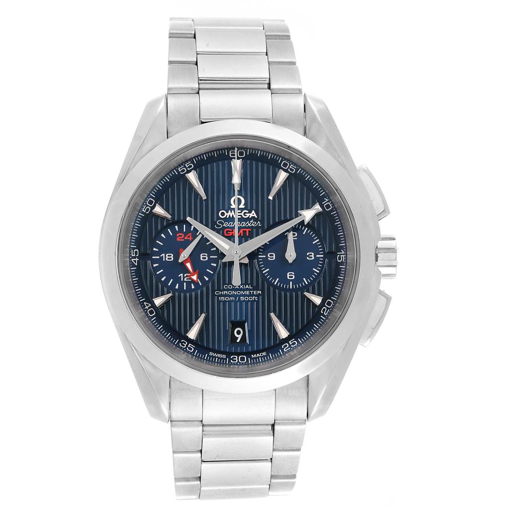 The image shows the Omega Aqua Terra 231.10.43.52.03.001 Men
s Stainless Steel Blue Dial 231.10.43.52.03.001 Men
s Stainless Steel Blue Dial watch model from a front angle, highlighting its face, bezel, and bracelet.