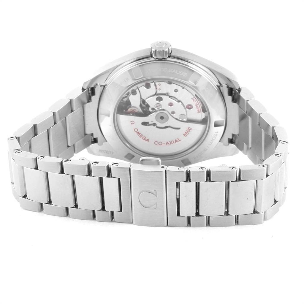 The image shows the back view of the Omega Seamaster 231.10.42.21.01.006 Men
s Stainless Steel Black Dial 231.10.42.21.01.006 Men
s Stainless Steel Black Dial watch, highlighting its bracelet and exposed movement.