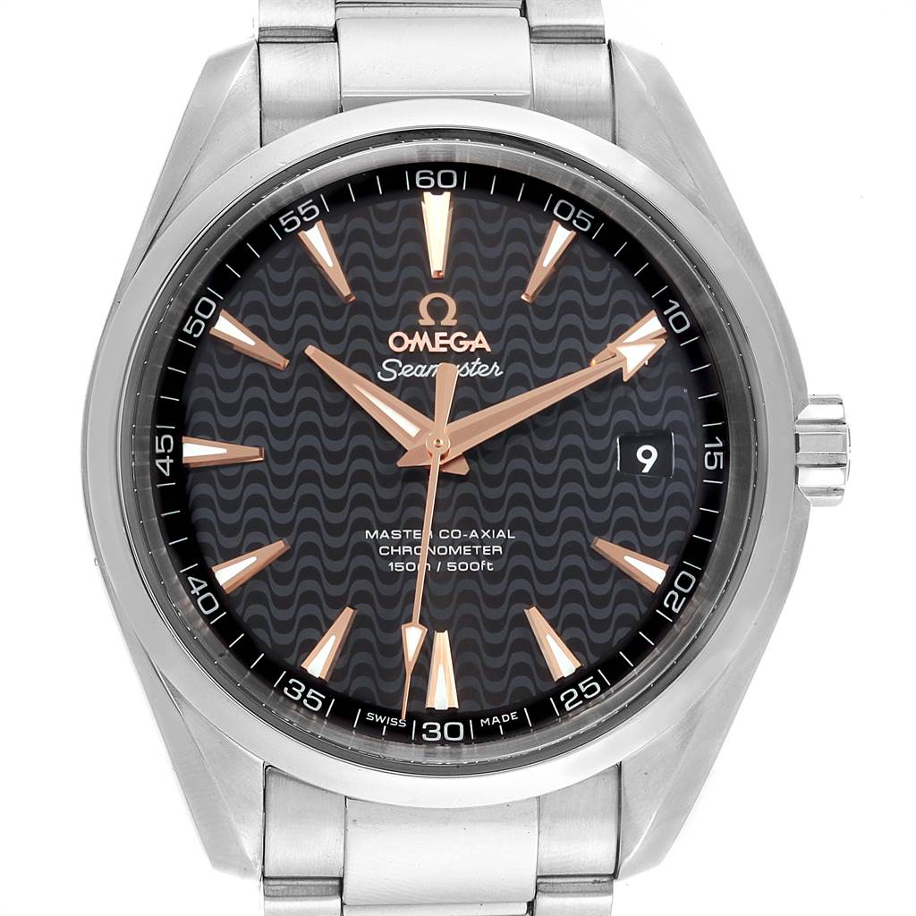 The image shows a front view of the Omega Seamaster 231.10.42.21.01.006 Men
s Stainless Steel Black Dial 231.10.42.21.01.006 Men
s Stainless Steel Black Dial watch, displaying the dial, hands, bezel, and part of the stainless steel bracelet.