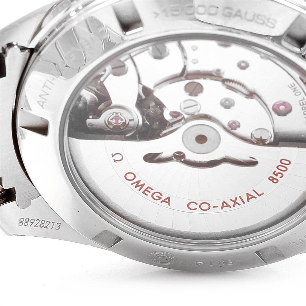 This image shows the transparent case back and the intricate movement of the Omega Seamaster 231.10.42.21.01.006 Men
s Stainless Steel Black Dial 231.10.42.21.01.006 Men
s Stainless Steel Black Dial Co-Axial 8500 watch.