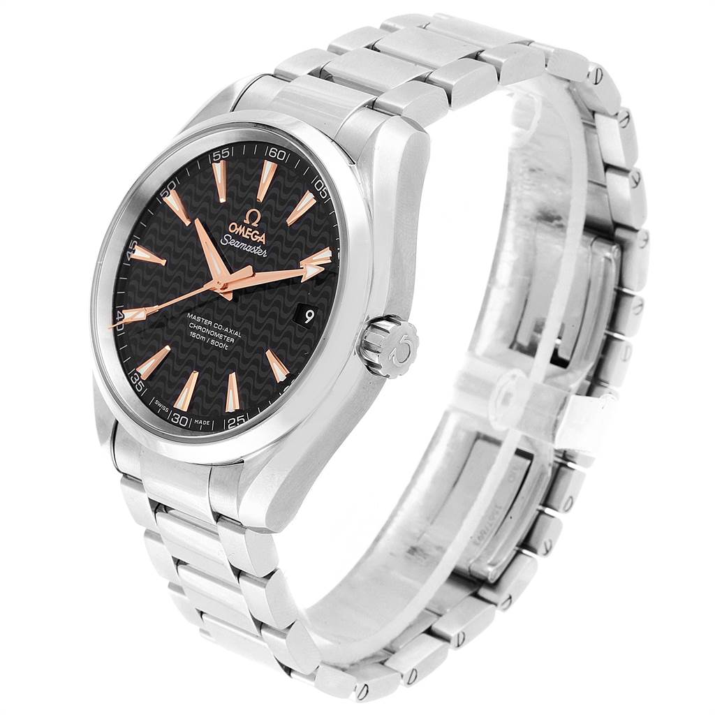 The image shows an Omega Seamaster 231.10.42.21.01.006 Men
s Stainless Steel Black Dial 231.10.42.21.01.006 Men
s Stainless Steel Black Dial watch at an angled close-up, displaying its face, bezel, crown, and metal bracelet.