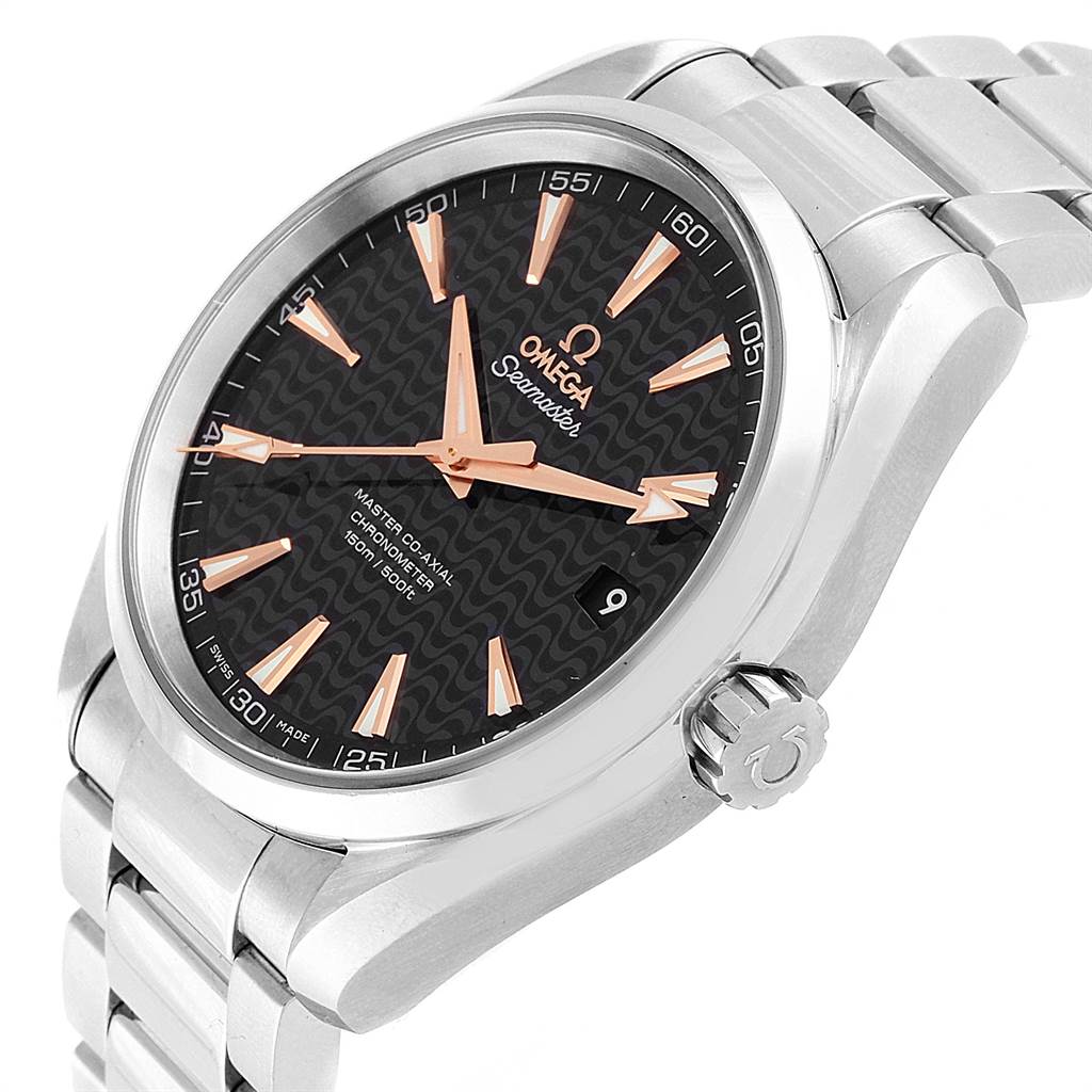 The image shows an angled view of an Omega Seamaster 231.10.42.21.01.006 Men
s Stainless Steel Black Dial 231.10.42.21.01.006 Men
s Stainless Steel Black Dial watch, highlighting the dial, crown, case, and metal bracelet.