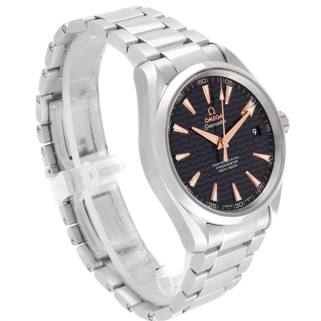 The photo shows an Omega Seamaster 231.10.42.21.01.006 Men
s Stainless Steel Black Dial 231.10.42.21.01.006 Men
s Stainless Steel Black Dial watch at a three-quarter angle, displaying its face, bezel, case, and metal bracelet.