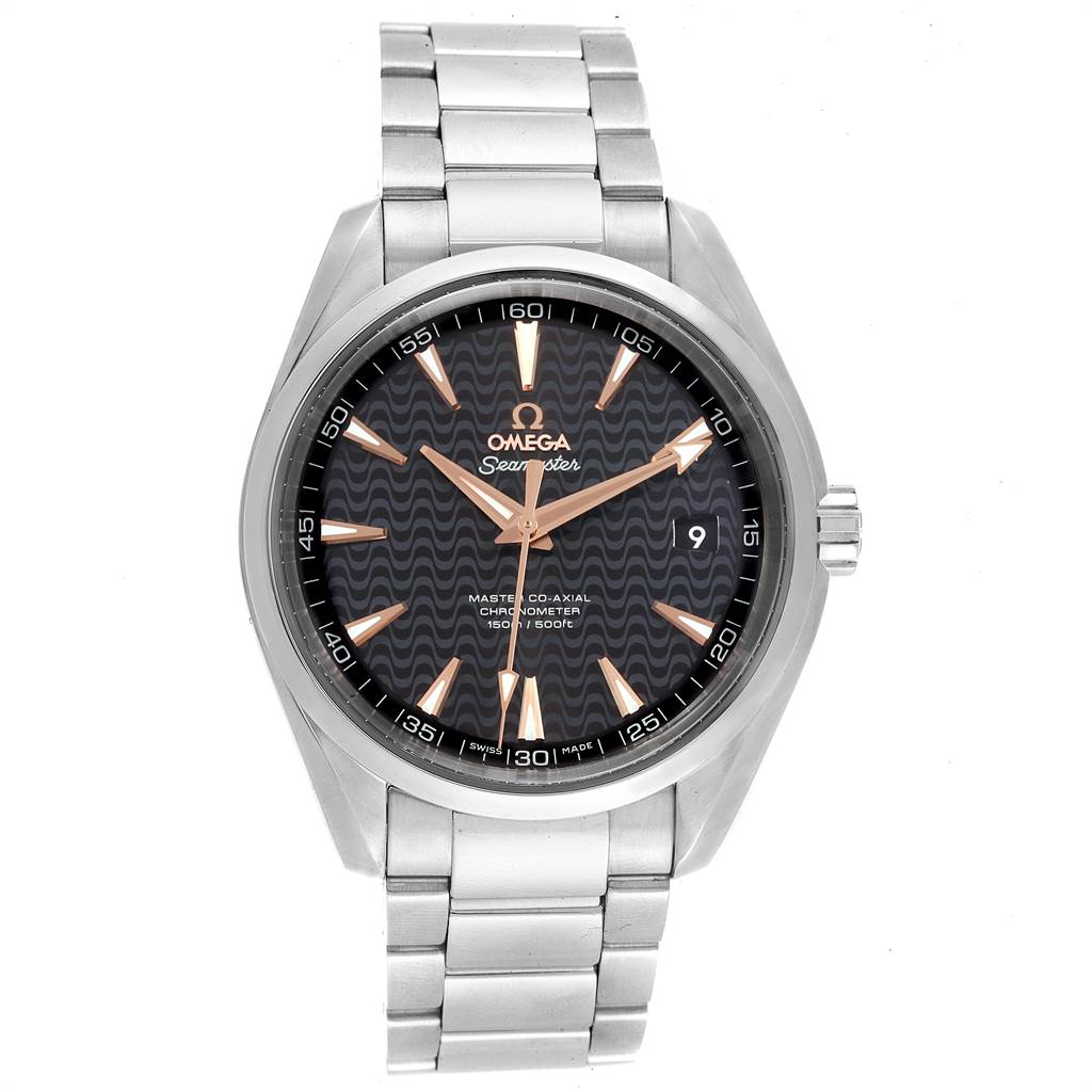 The image shows a front view of an Omega Seamaster 231.10.42.21.01.006 Men
s Stainless Steel Black Dial 231.10.42.21.01.006 Men
s Stainless Steel Black Dial watch with a stainless steel bracelet and a black dial.