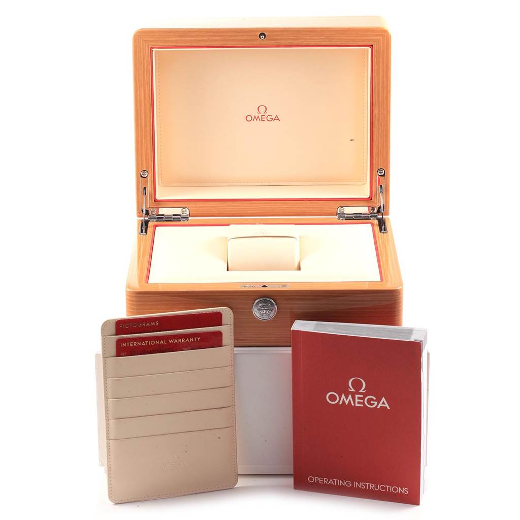 The image shows an Omega Seamaster 231.10.44.50.04.001 Men's Stainless Steel White Dial 231.10.44.50.04.001 Men's Stainless Steel White Dial watch box, warranty cards, and operating instructions from a straight-on angle.