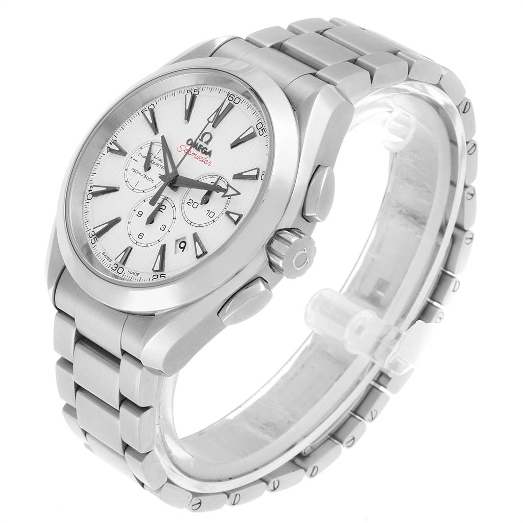 The Omega Seamaster 231.10.44.50.04.001 Men's Stainless Steel White Dial 231.10.44.50.04.001 Men's Stainless Steel White Dial watch is shown at an oblique angle highlighting the dial, bezel, crown, and metal bracelet.