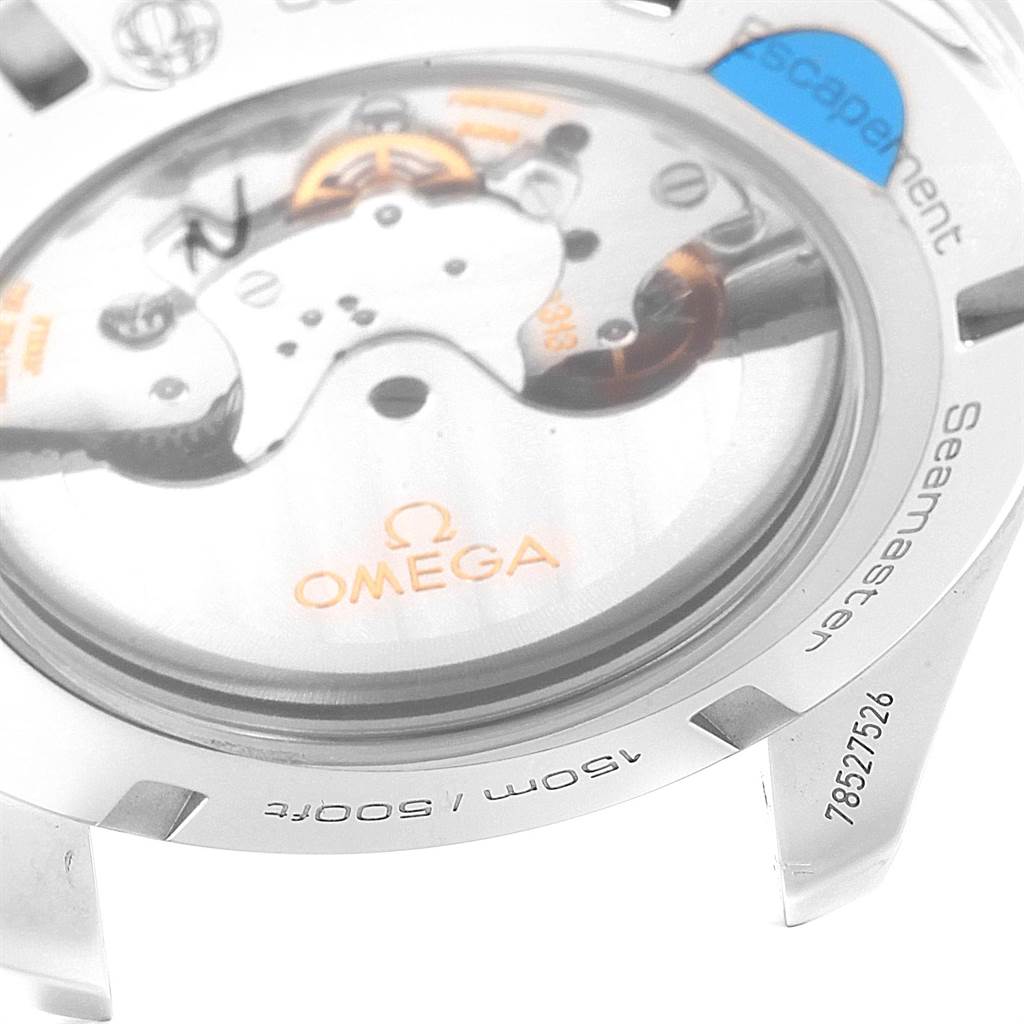 The image shows the back view of an Omega Seamaster 231.10.44.50.04.001 Men's Stainless Steel White Dial 231.10.44.50.04.001 Men's Stainless Steel White Dial watch, revealing the internal movement mechanism.