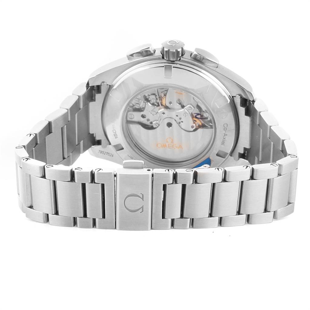 The image shows the back view of the Omega Seamaster 231.10.44.50.04.001 Men's Stainless Steel White Dial 231.10.44.50.04.001 Men's Stainless Steel White Dial watch, highlighting the metal bracelet and the transparent case back.