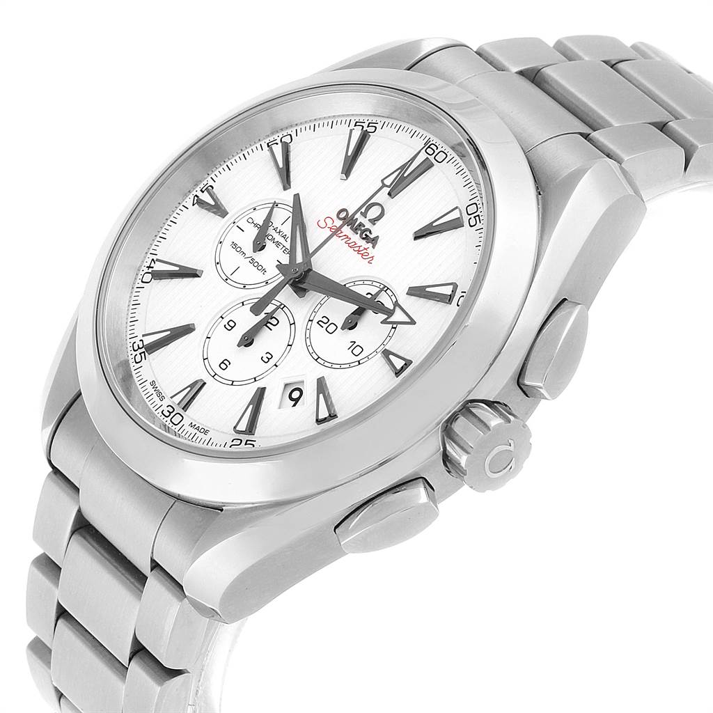 The Omega Seamaster 231.10.44.50.04.001 Men's Stainless Steel White Dial 231.10.44.50.04.001 Men's Stainless Steel White Dial watch is shown at an angle highlighting the face, bezel, case, pushers, and part of the bracelet.