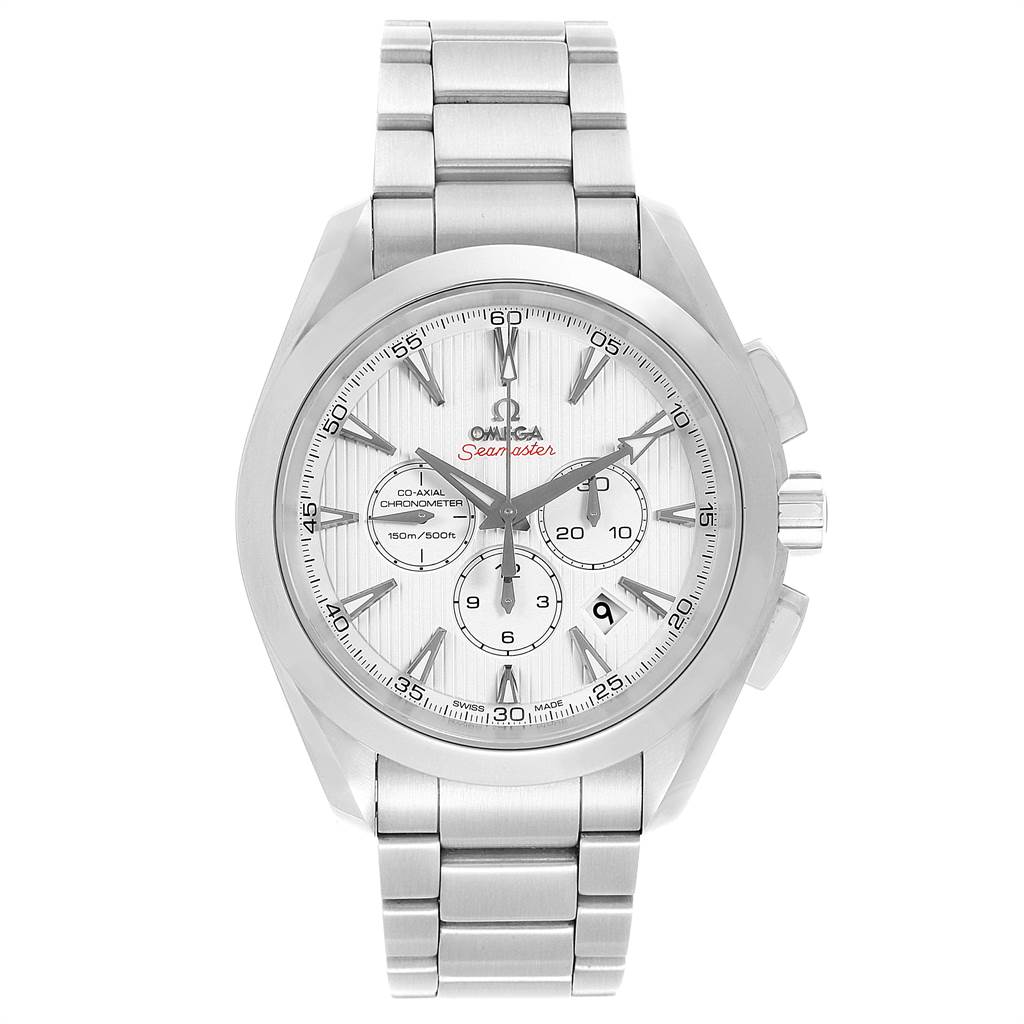 The image shows a front-angle view of the Omega Seamaster 231.10.44.50.04.001 Men's Stainless Steel White Dial 231.10.44.50.04.001 Men's Stainless Steel White Dial watch, showcasing its face, dials, and metal bracelet.