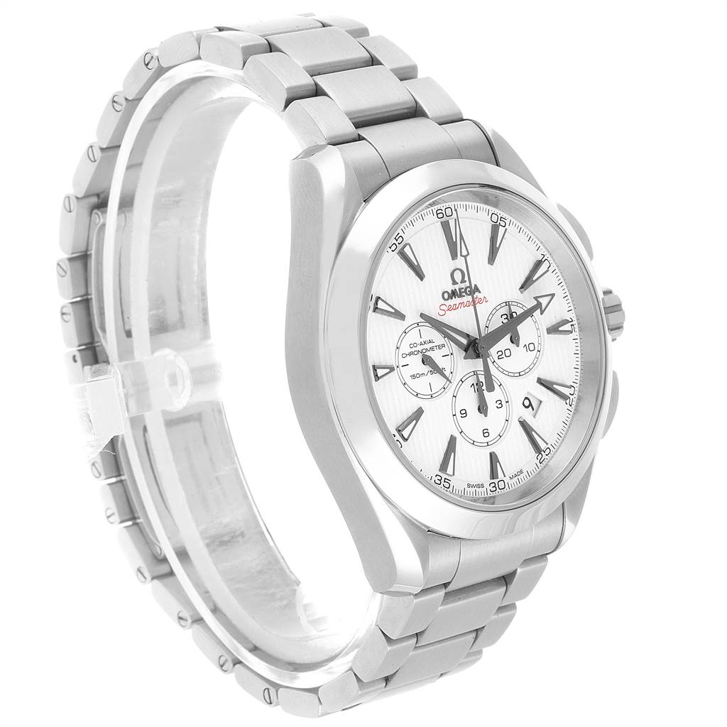 The image shows an angled view of the Omega Seamaster 231.10.44.50.04.001 Men's Stainless Steel White Dial 231.10.44.50.04.001 Men's Stainless Steel White Dial watch, highlighting its dial, case, and metal bracelet.