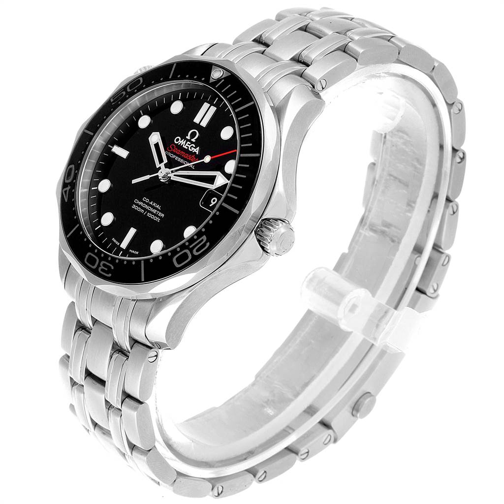 The image shows an Omega Seamaster 212.30.41.20.01.003 Men
s Stainless Steel Black Dial 212.30.41.20.01.003 Men
s Stainless Steel Black Dial watch at an angled side view displaying the face, bezel, crown, and bracelet.