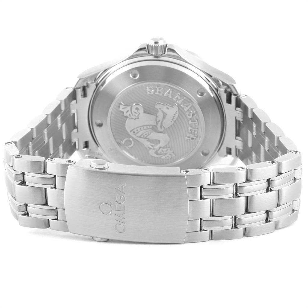 The image shows the case back and clasp of an Omega Seamaster 212.30.41.20.01.003 Men
s Stainless Steel Black Dial 212.30.41.20.01.003 Men
s Stainless Steel Black Dial model watch at an angled rear view.