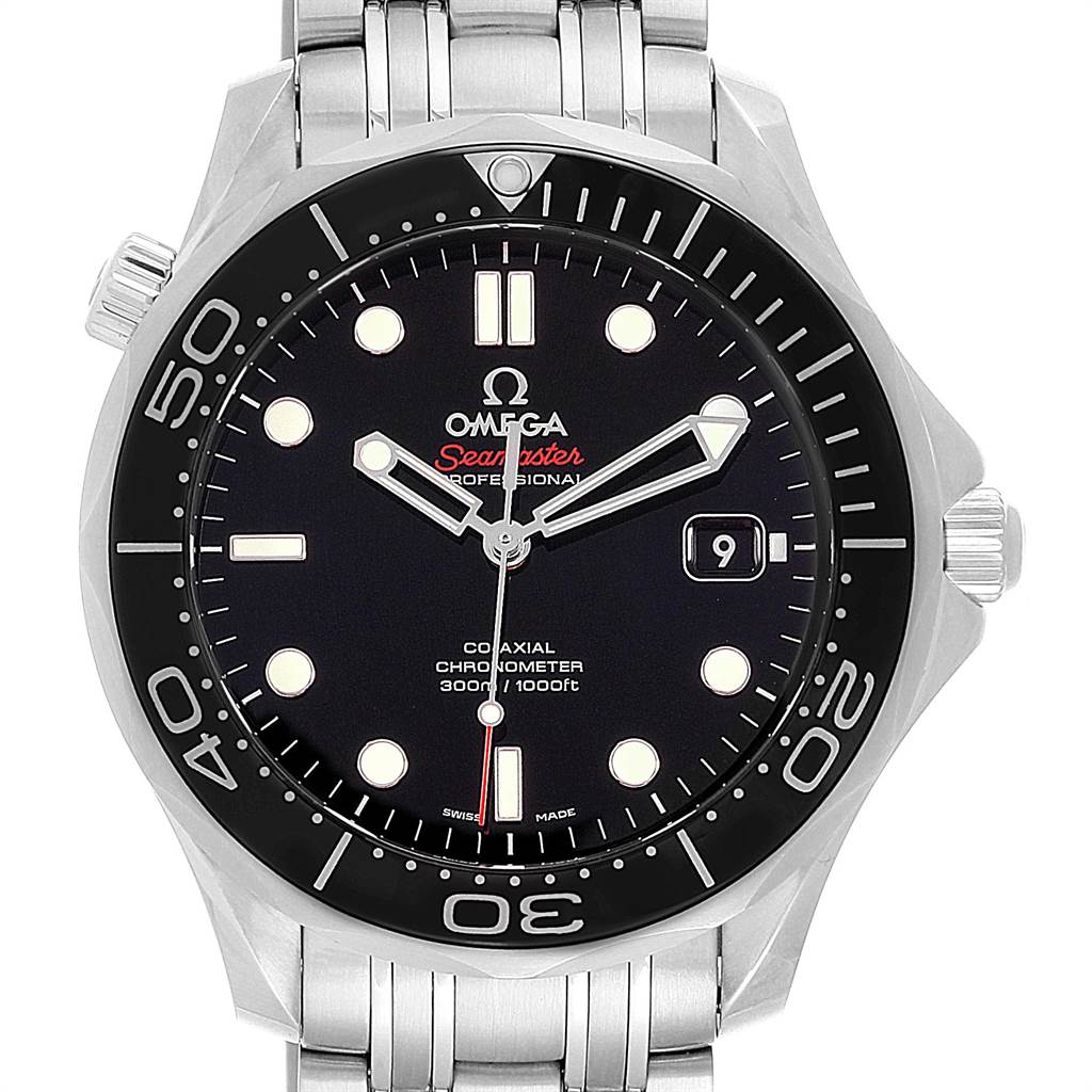 This image shows a front view of an Omega Seamaster 212.30.41.20.01.003 Men
s Stainless Steel Black Dial 212.30.41.20.01.003 Men
s Stainless Steel Black Dial watch, displaying the dial, bezel, markers, and metal bracelet.
