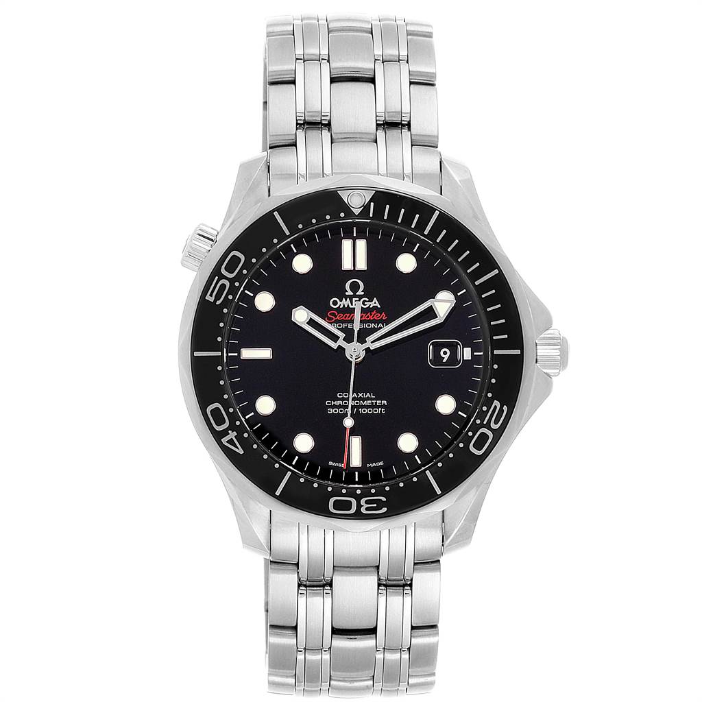 The Omega Seamaster 212.30.41.20.01.003 Men
s Stainless Steel Black Dial 212.30.41.20.01.003 Men
s Stainless Steel Black Dial watch is shown from the front, highlighting its bezel, dial, hands, and bracelet.