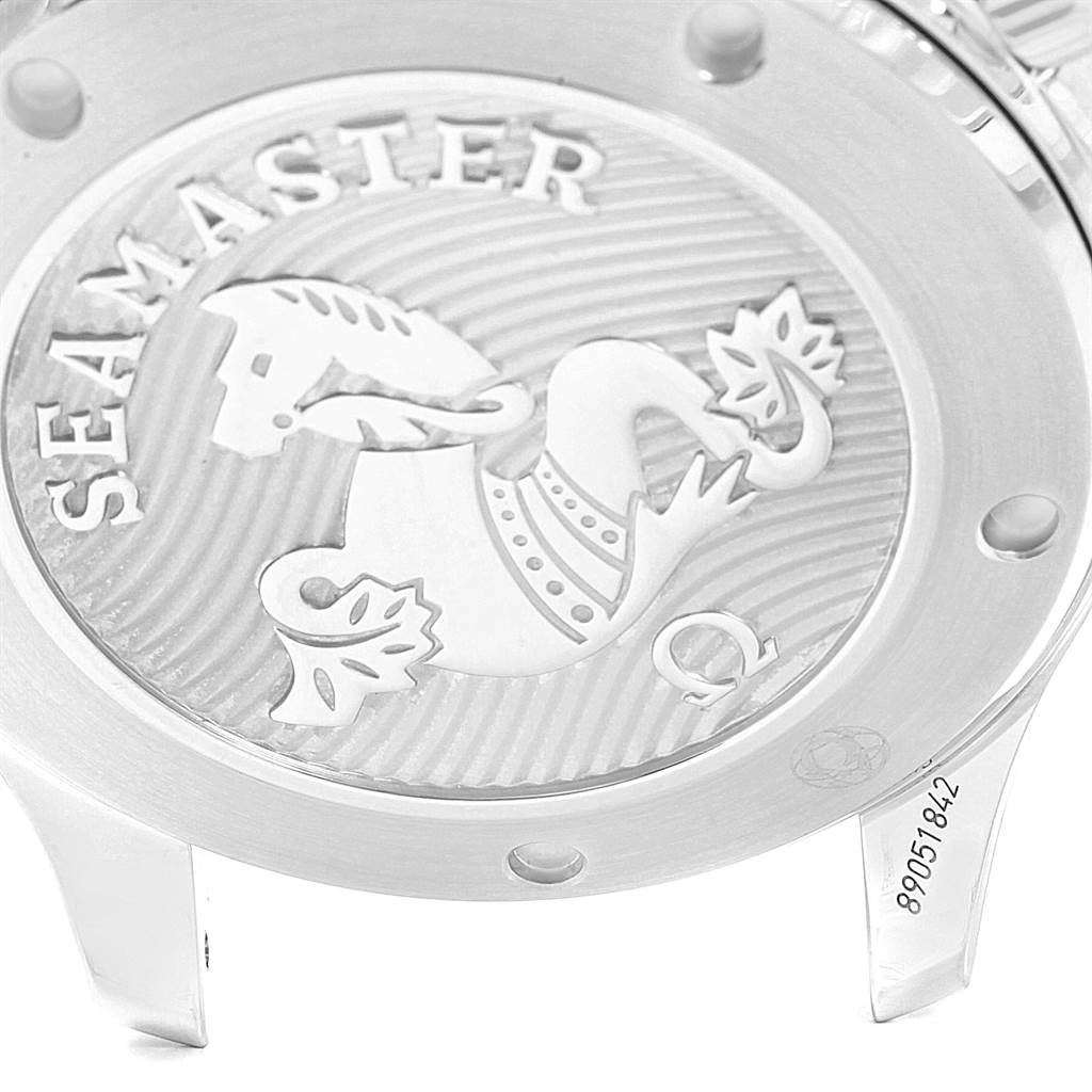 The image shows the engraved case back of an Omega Seamaster 212.30.41.20.01.003 Men
s Stainless Steel Black Dial 212.30.41.20.01.003 Men
s Stainless Steel Black Dial watch from a close-up angle.