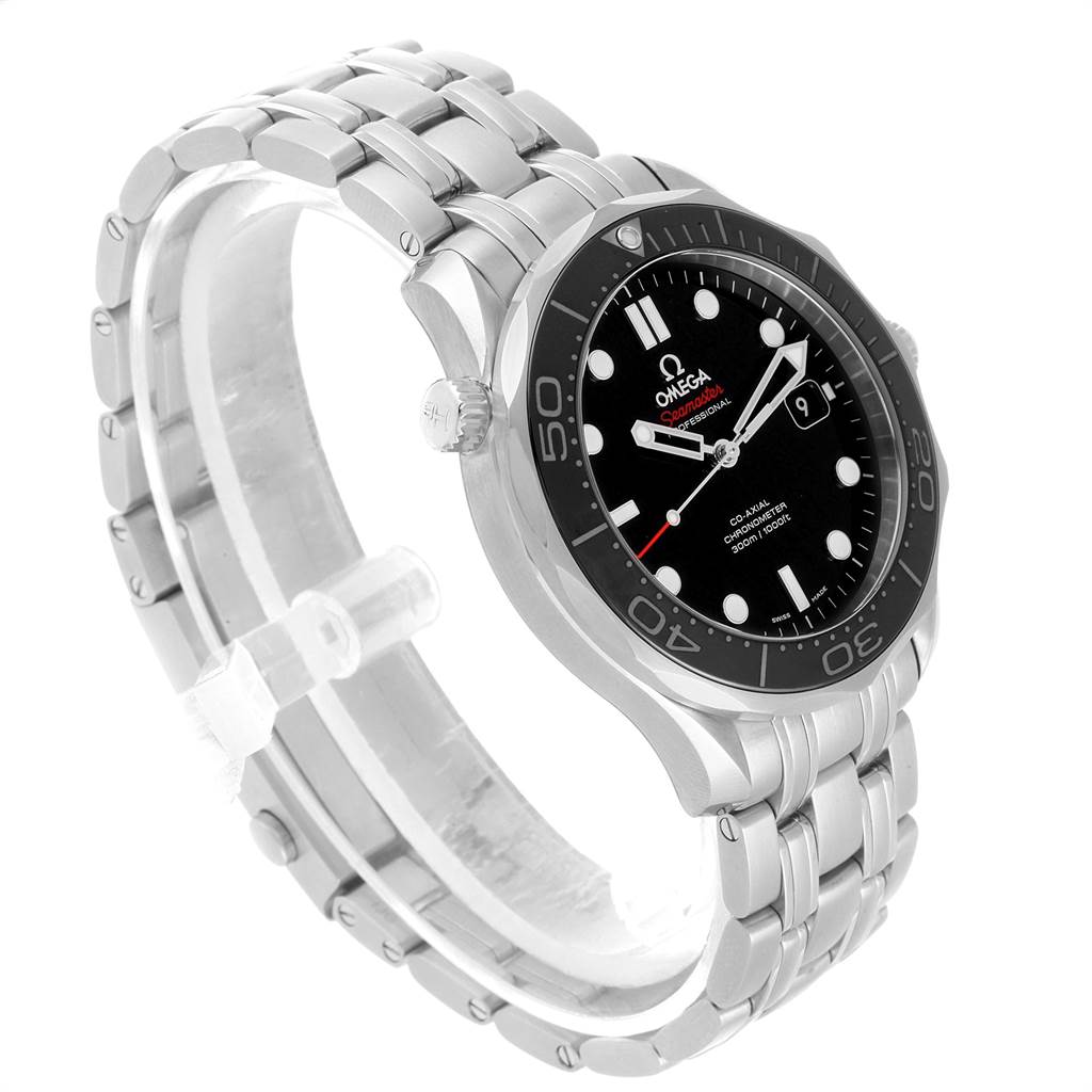 The image shows a side angle of the Omega Seamaster 212.30.41.20.01.003 Men
s Stainless Steel Black Dial 212.30.41.20.01.003 Men
s Stainless Steel Black Dial watch, highlighting its black dial, bezel, and stainless steel bracelet.