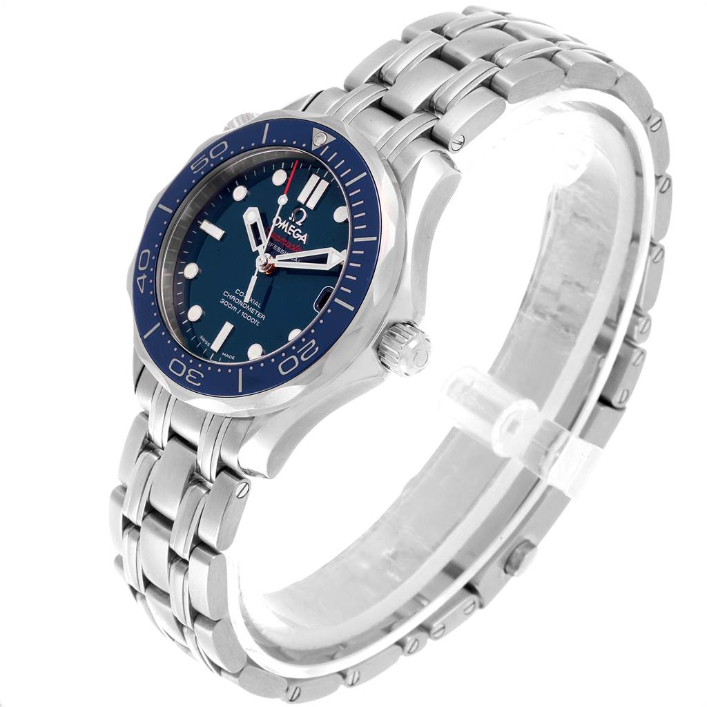 The Omega Seamaster 212.30.36.20.03.001 Men
s Stainless Steel Blue Dial 212.30.36.20.03.001 Men
s Stainless Steel Blue Dial watch is shown at a three-quarter angle, highlighting the face, bezel, crown, and metal bracelet.
