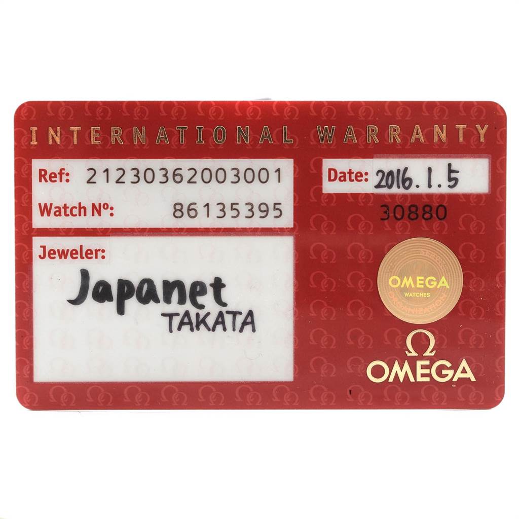 The image shows an international warranty card for an Omega Seamaster 212.30.36.20.03.001 Men
s Stainless Steel Blue Dial 212.30.36.20.03.001 Men
s Stainless Steel Blue Dial watch, detailing reference and watch numbers, jeweler, and date.